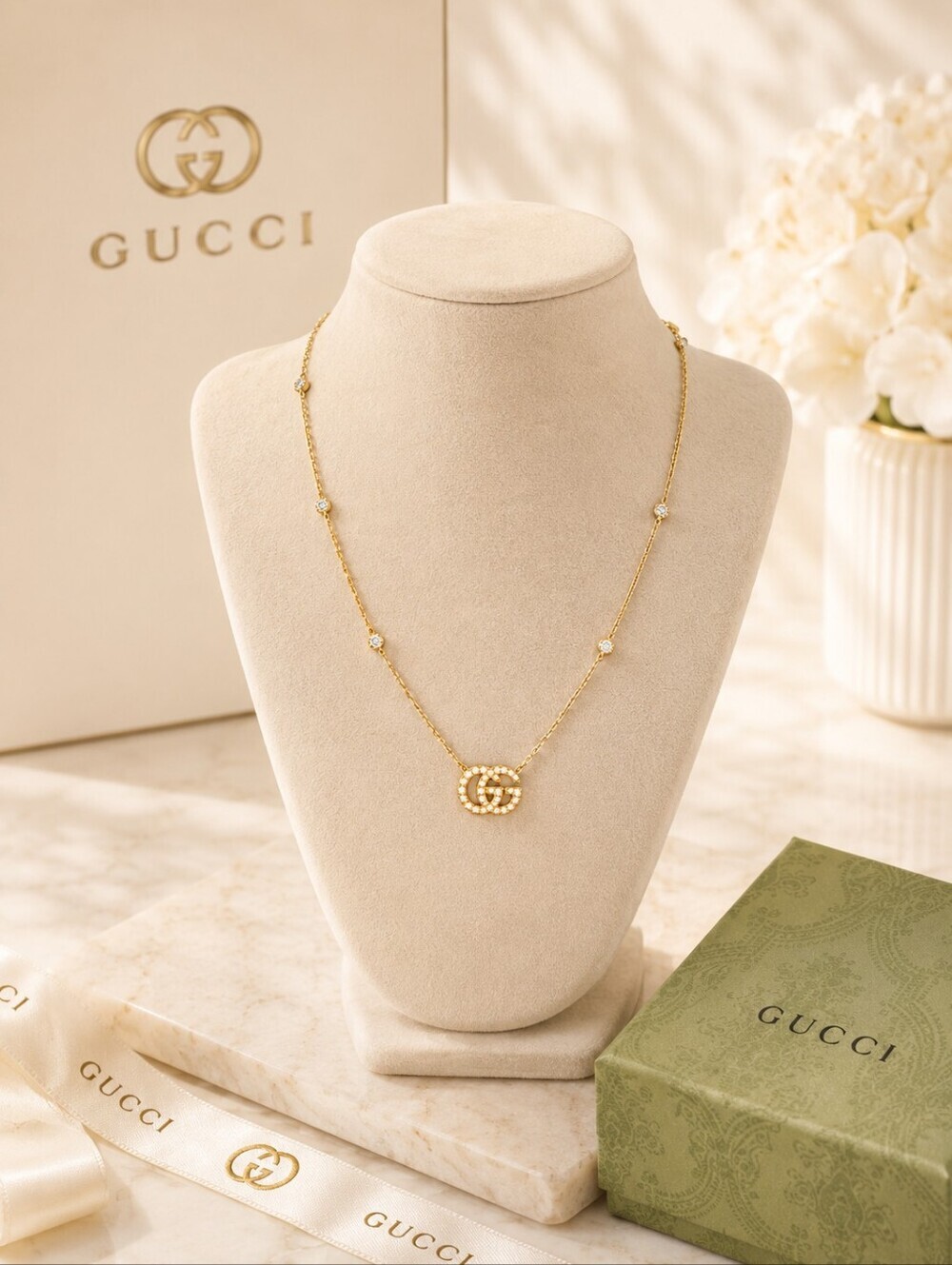 Authentic Gucci GG Running 18k Gold Diamond Necklace Brand New 900-042425